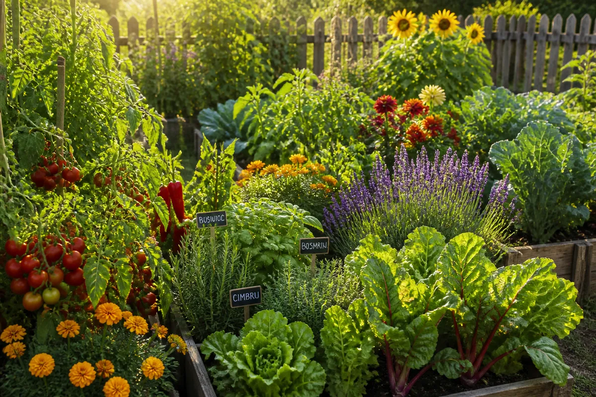 grădină mixtă plante benefice legume flori