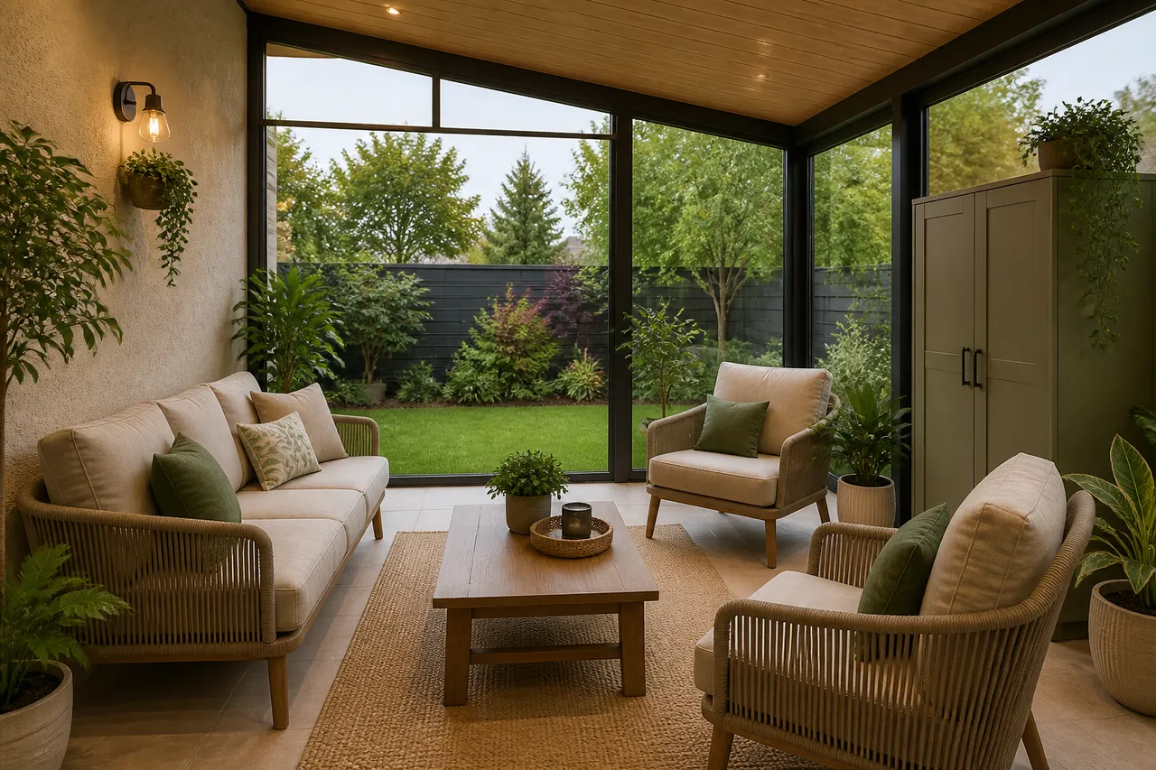 mobilier confortabil pentru terasă închisă amenajată ca living