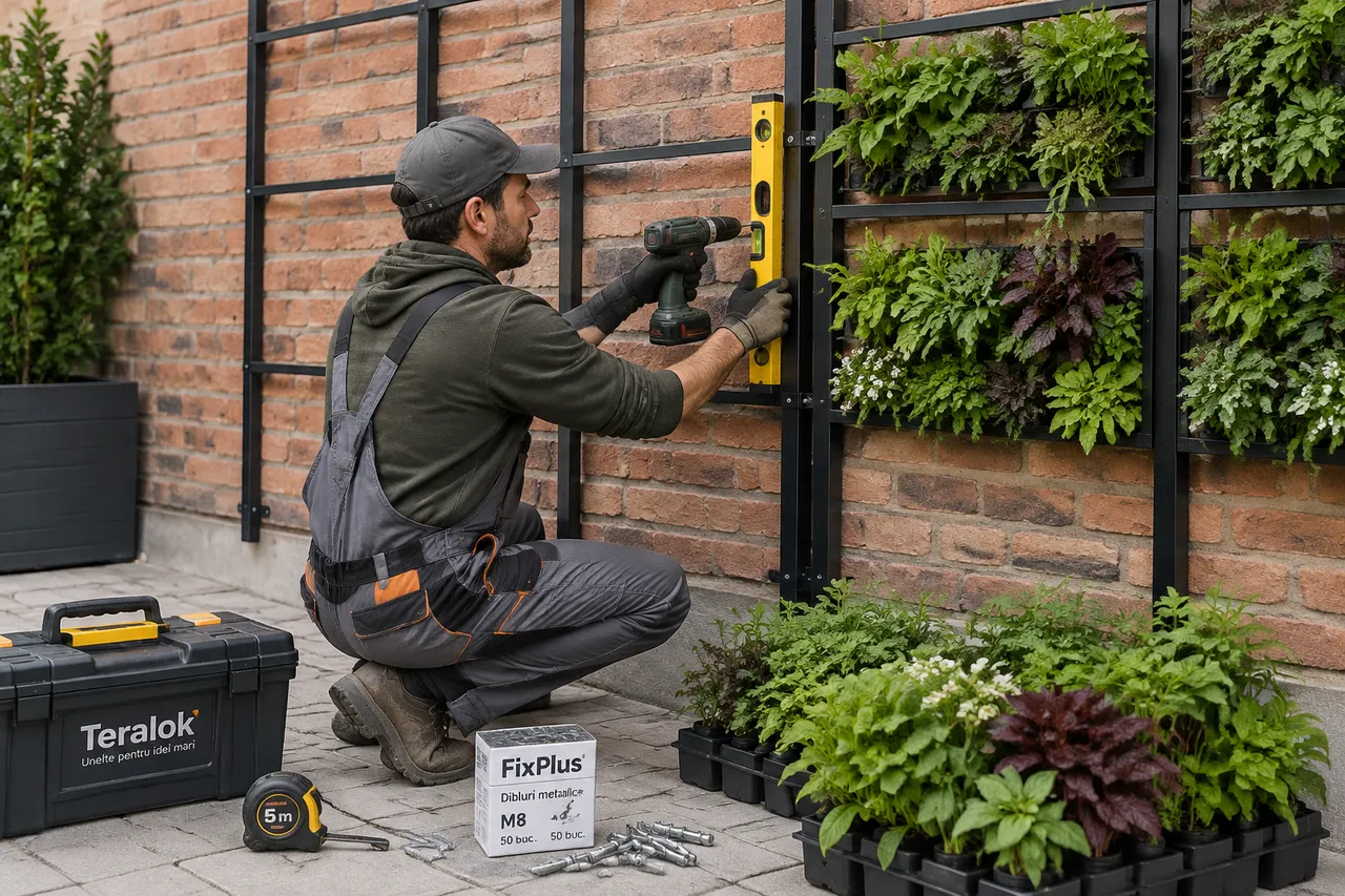 fixarea structurii pentru grădină verticală pe zid exterior