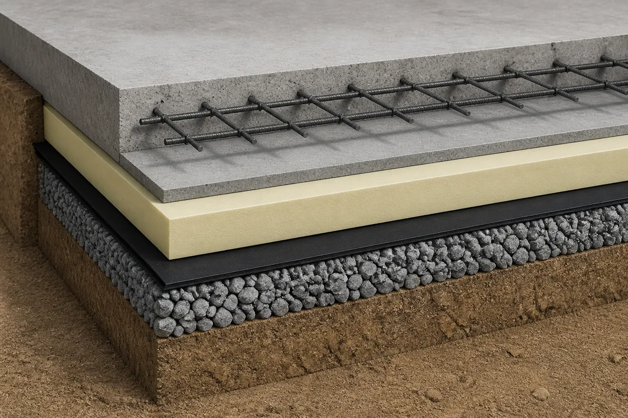 straturile unei plăci de beton peste sol