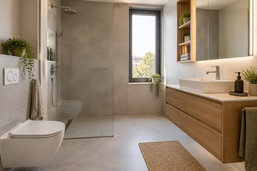 Cabina de duș walk-in într-o baie mică fără apă împrăștiată